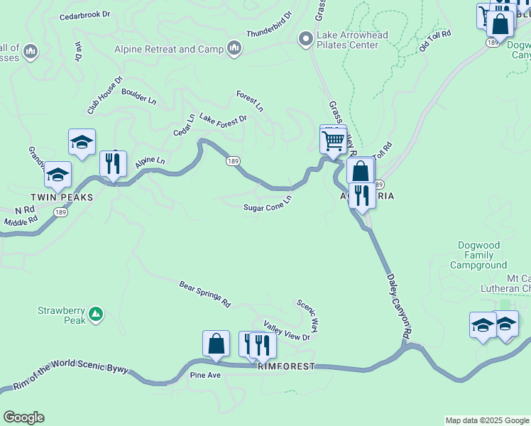map of restaurants, bars, coffee shops, grocery stores, and more near 951 Willow Springs Drive in Twin Peaks