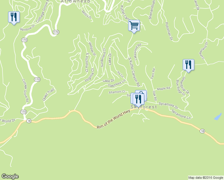 map of restaurants, bars, coffee shops, grocery stores, and more near 28393 Larchmont Lane in Lake Arrowhead