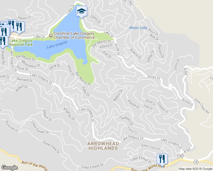 map of restaurants, bars, coffee shops, grocery stores, and more near 872 Berne Drive in Crestline