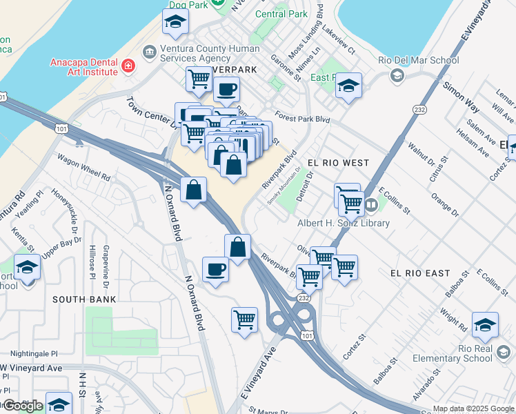 map of restaurants, bars, coffee shops, grocery stores, and more near 361 American River Court in Oxnard