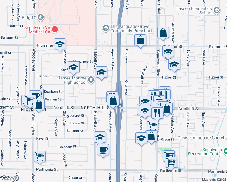 map of restaurants, bars, coffee shops, grocery stores, and more near 9206 Aqueduct Avenue in Los Angeles