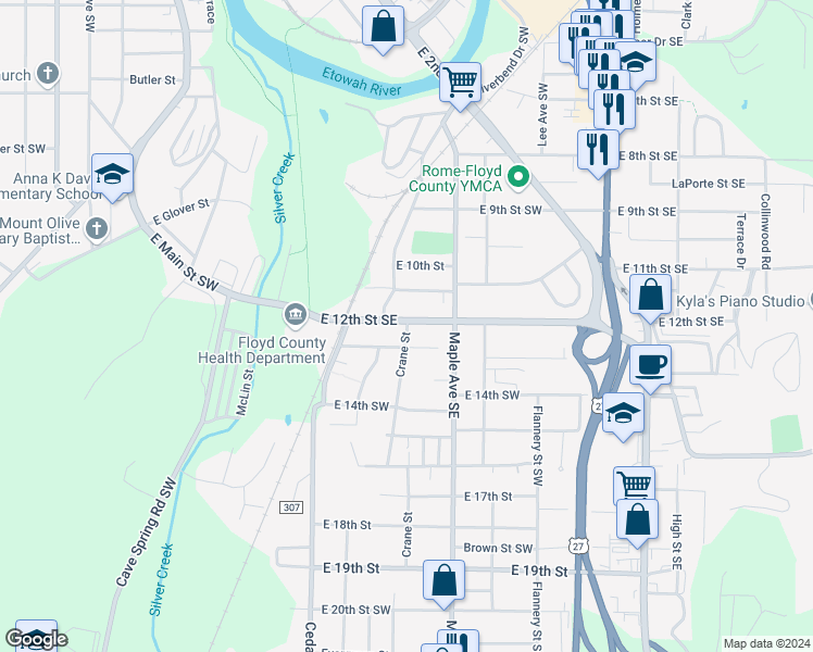 map of restaurants, bars, coffee shops, grocery stores, and more near 1201 Crane Street in Rome