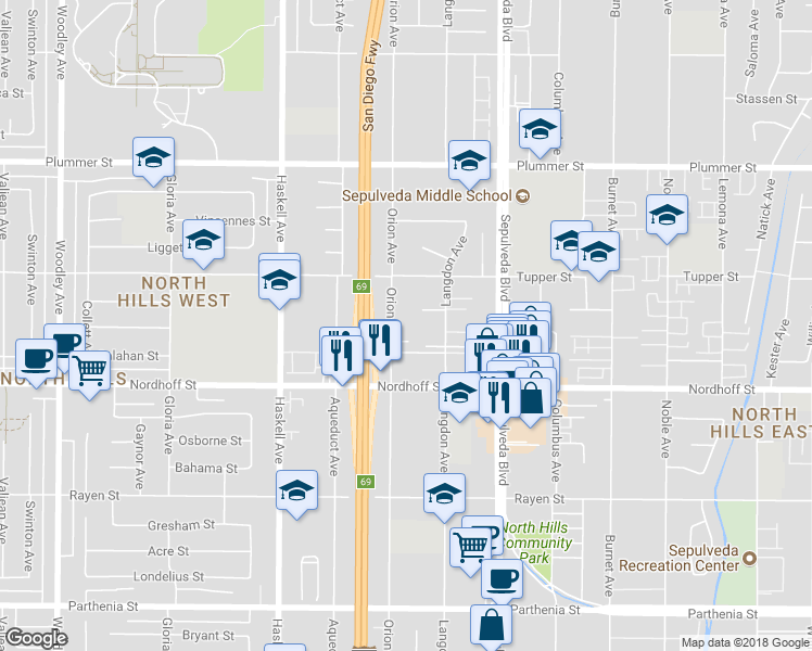 map of restaurants, bars, coffee shops, grocery stores, and more near 9206 Orion Avenue in Los Angeles