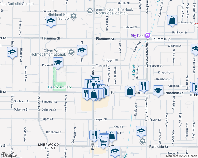 map of restaurants, bars, coffee shops, grocery stores, and more near 16944 Dearborn Street in Los Angeles