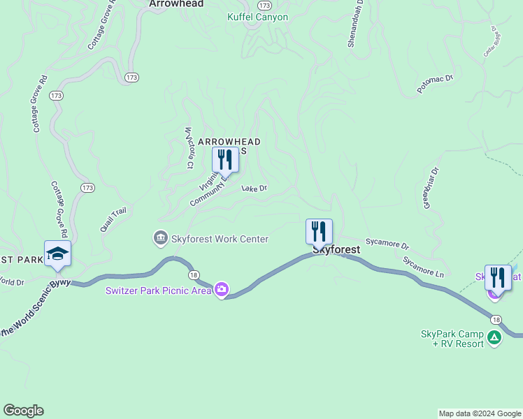 map of restaurants, bars, coffee shops, grocery stores, and more near 28393 Larchmont Lane in Lake Arrowhead