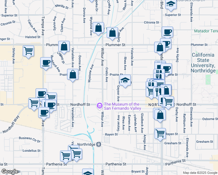 map of restaurants, bars, coffee shops, grocery stores, and more near 9200 Crebs Avenue in Los Angeles
