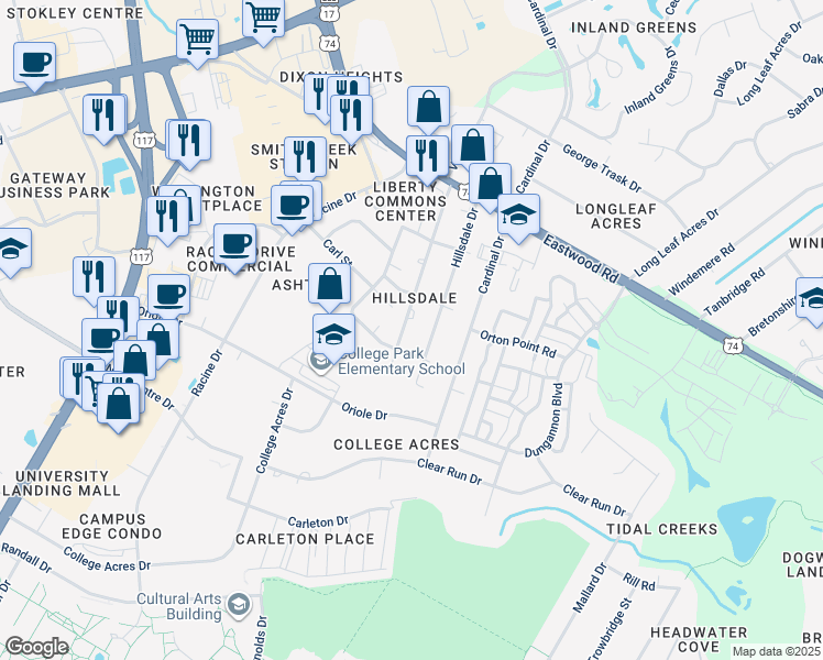 map of restaurants, bars, coffee shops, grocery stores, and more near 215 Charter Dr in Wilmington