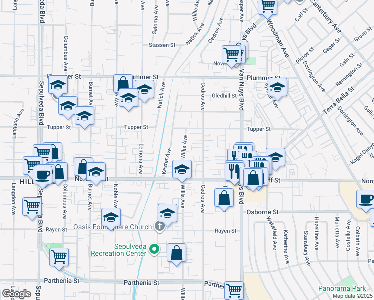 map of restaurants, bars, coffee shops, grocery stores, and more near 9208 Willis Avenue in Los Angeles