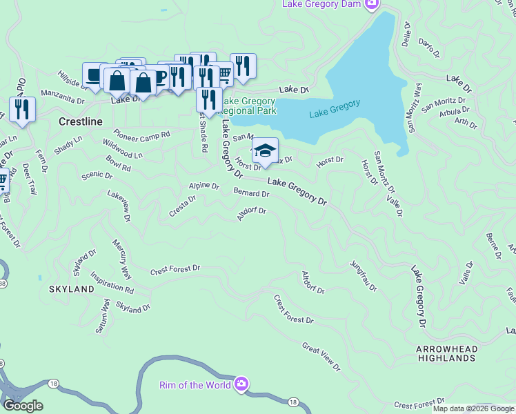 map of restaurants, bars, coffee shops, grocery stores, and more near 24232 Altdorf Drive in Crestline