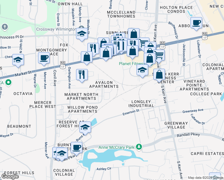 map of restaurants, bars, coffee shops, grocery stores, and more near Excalibur Way in Wilmington