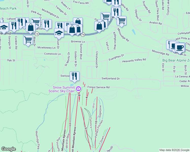 map of restaurants, bars, coffee shops, grocery stores, and more near 814 Crestwood Drive in Big Bear Lake