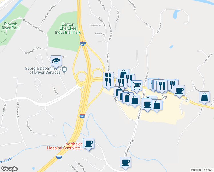 map of restaurants, bars, coffee shops, grocery stores, and more near 3004 Northside Parkway in Canton