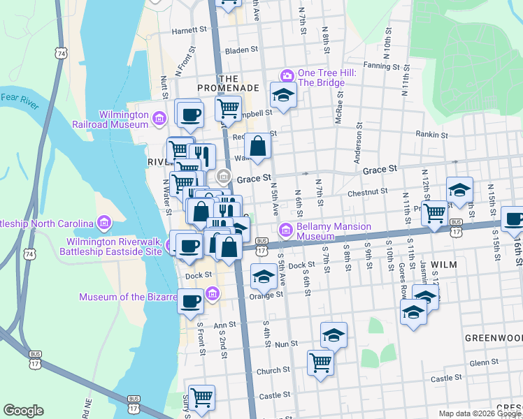 map of restaurants, bars, coffee shops, grocery stores, and more near 144 North 4th Street in Wilmington