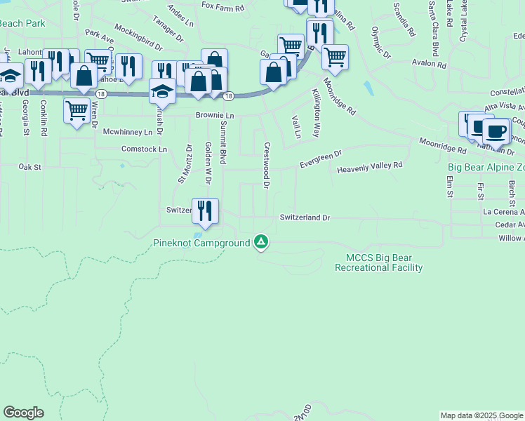 map of restaurants, bars, coffee shops, grocery stores, and more near 814 Crestwood Drive in Big Bear Lake