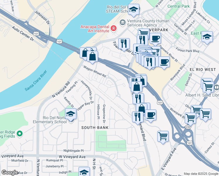 map of restaurants, bars, coffee shops, grocery stores, and more near 350 Cactus Drive in Oxnard