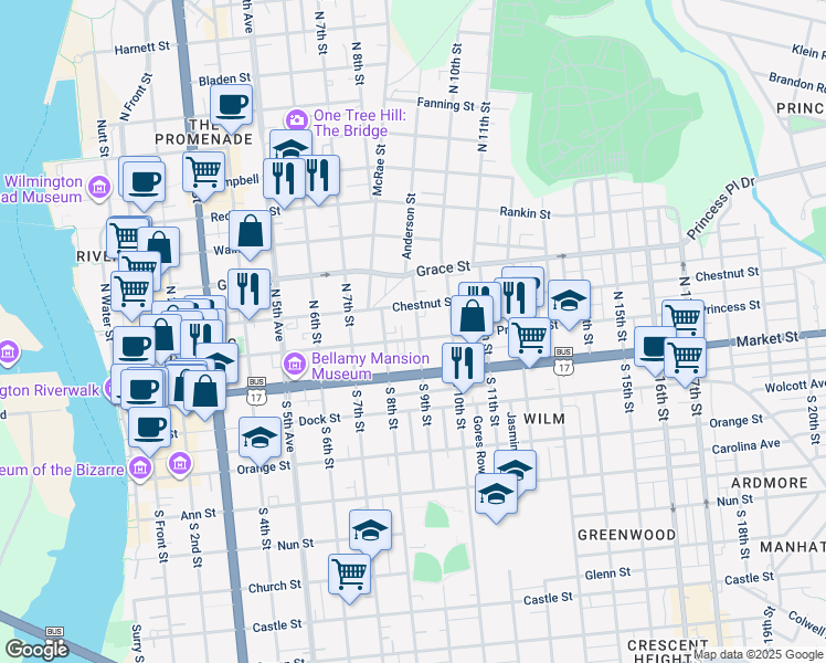 map of restaurants, bars, coffee shops, grocery stores, and more near 819 Princess Street in Wilmington