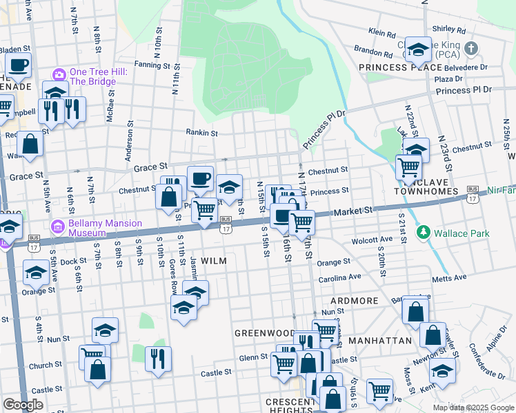 map of restaurants, bars, coffee shops, grocery stores, and more near 15 North 15th Street in Wilmington