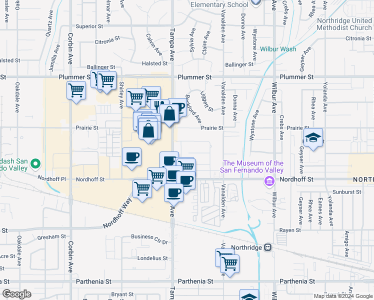 map of restaurants, bars, coffee shops, grocery stores, and more near 19261 Dearborn Street in Los Angeles