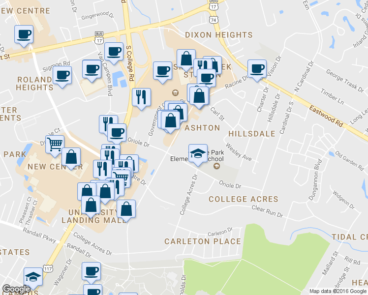 map of restaurants, bars, coffee shops, grocery stores, and more near 4915 Oriole Dr in Wilmington