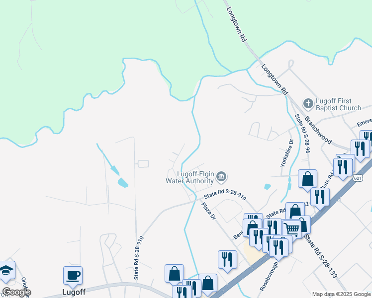 map of restaurants, bars, coffee shops, grocery stores, and more near 160 Willow Creek Boulevard in Lugoff