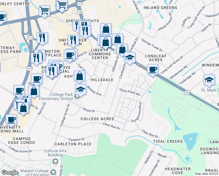 map of restaurants, bars, coffee shops, grocery stores, and more near 211 Hillsdale Dr in Wilmington