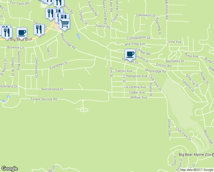 map of restaurants, bars, coffee shops, grocery stores, and more near 42484 Switzerland Drive in Big Bear Lake