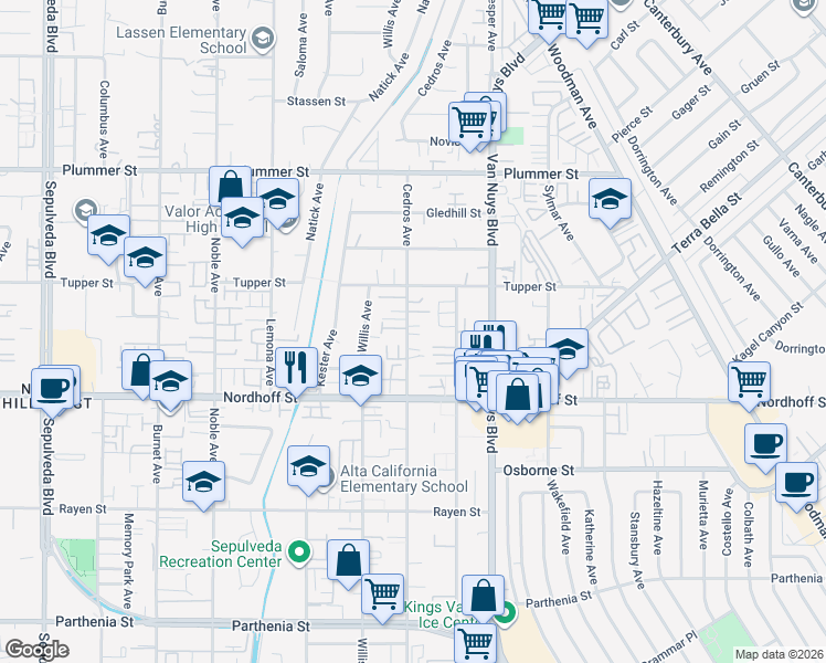 map of restaurants, bars, coffee shops, grocery stores, and more near 9208 Cedros Avenue in Los Angeles