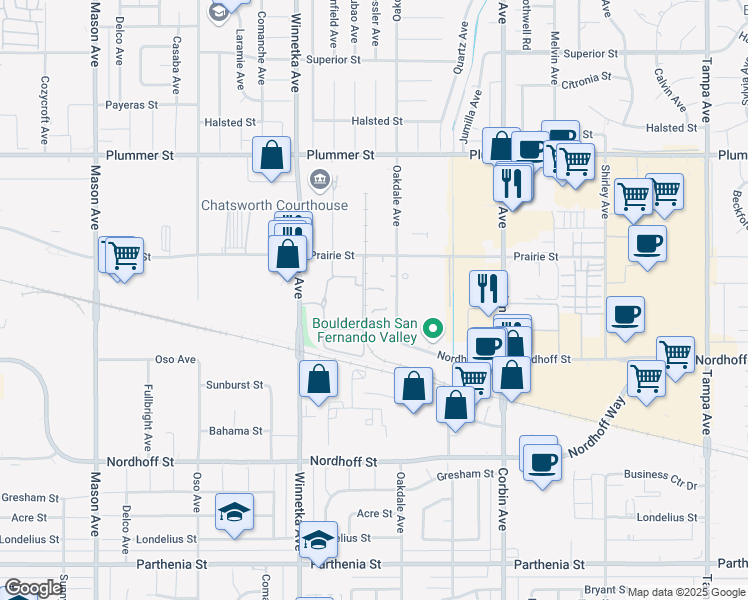 map of restaurants, bars, coffee shops, grocery stores, and more near 9201 Oakdale Avenue in Los Angeles