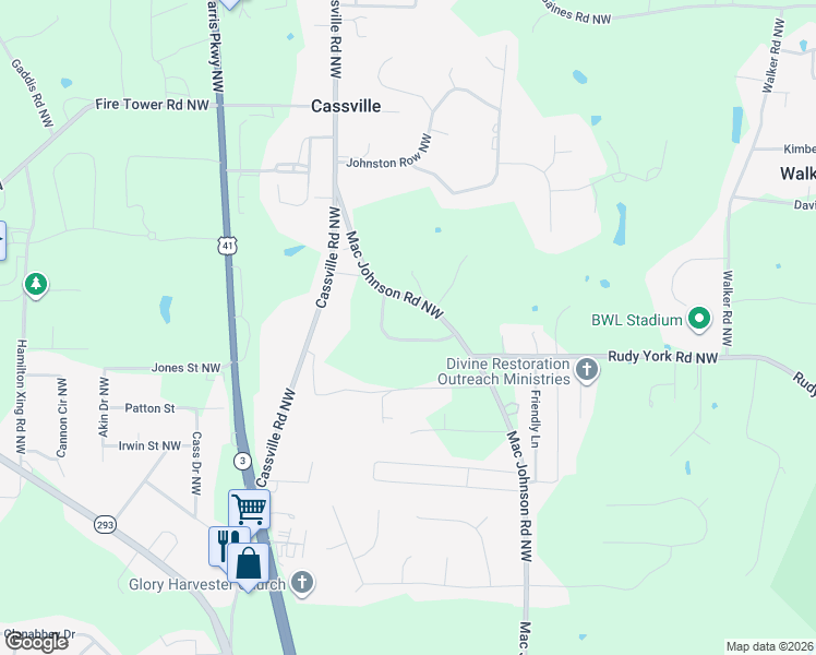 map of restaurants, bars, coffee shops, grocery stores, and more near 28 Alisha Circle Northwest in Cartersville