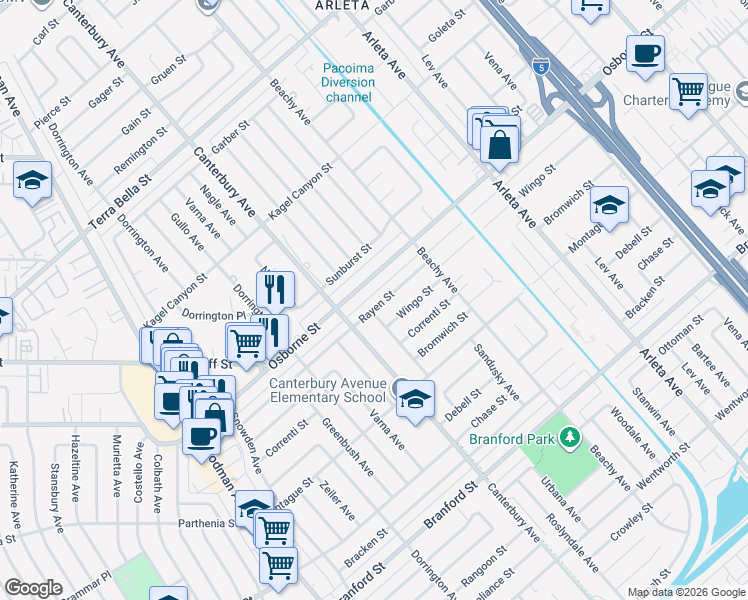map of restaurants, bars, coffee shops, grocery stores, and more near 13663 Rayen St in Los Angeles