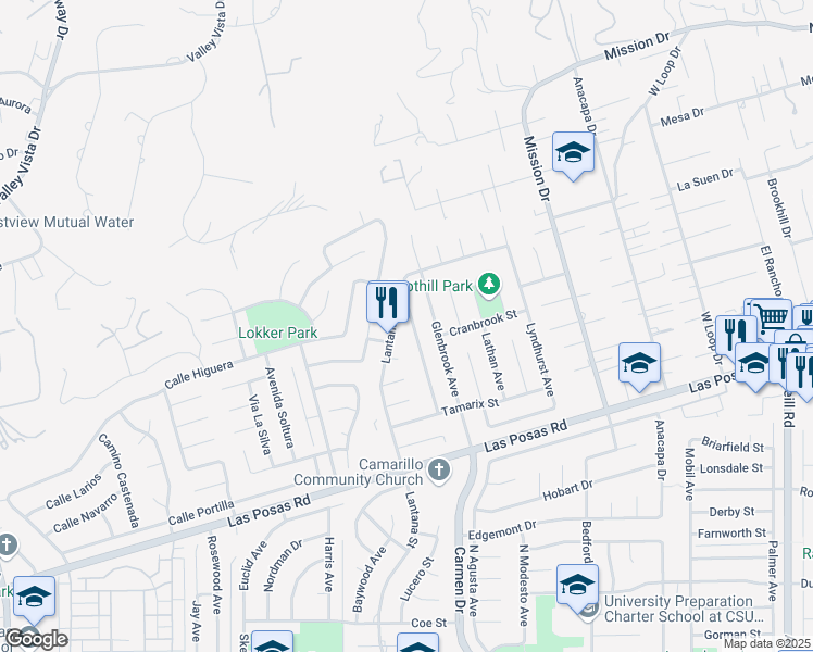 map of restaurants, bars, coffee shops, grocery stores, and more near 343 Gardenia Avenue in Camarillo