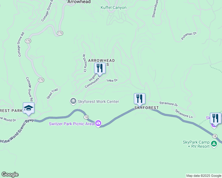 map of restaurants, bars, coffee shops, grocery stores, and more near 28363 Larchmont Lane in San Bernardino County