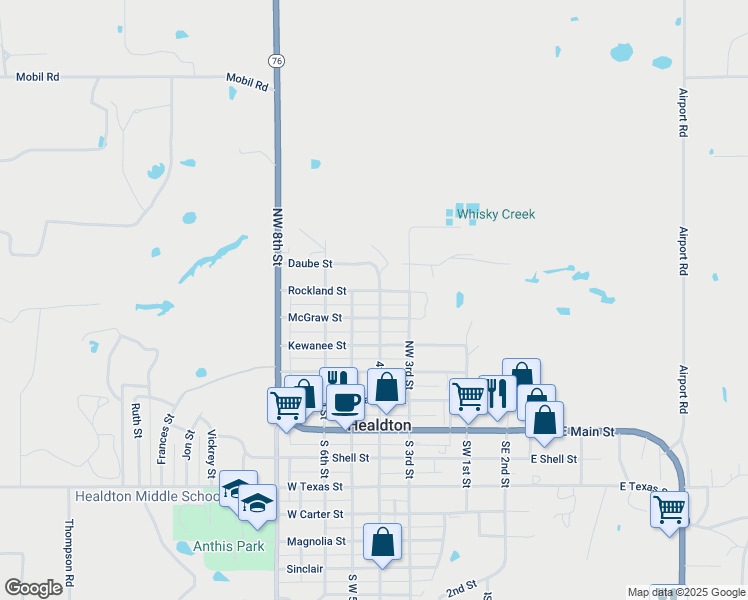 map of restaurants, bars, coffee shops, grocery stores, and more near 909 Northwest 4th Street in Healdton