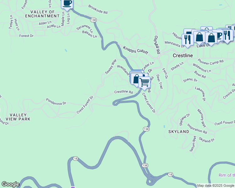 map of restaurants, bars, coffee shops, grocery stores, and more near 23343 Crestline Road in Crestline