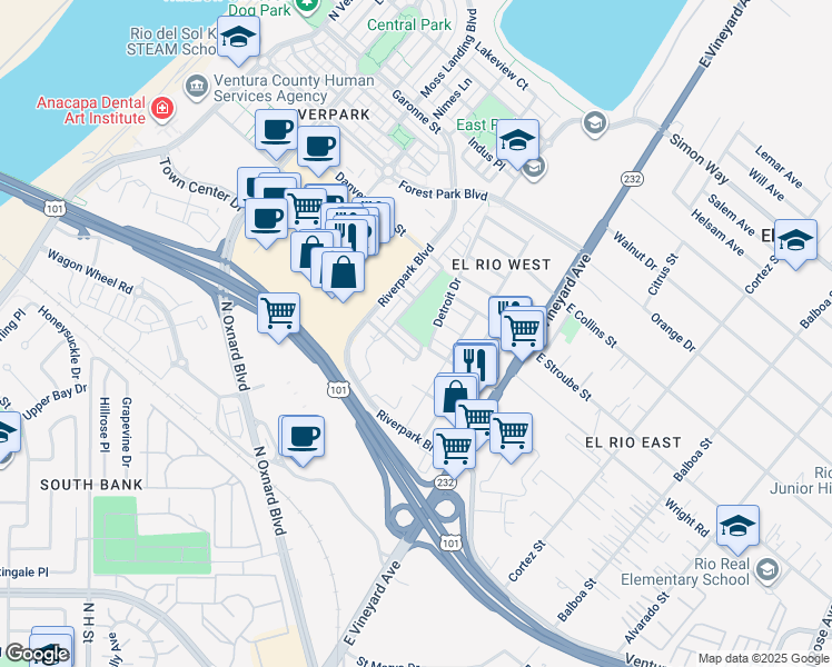 map of restaurants, bars, coffee shops, grocery stores, and more near 310 Big Sur River Place in Oxnard
