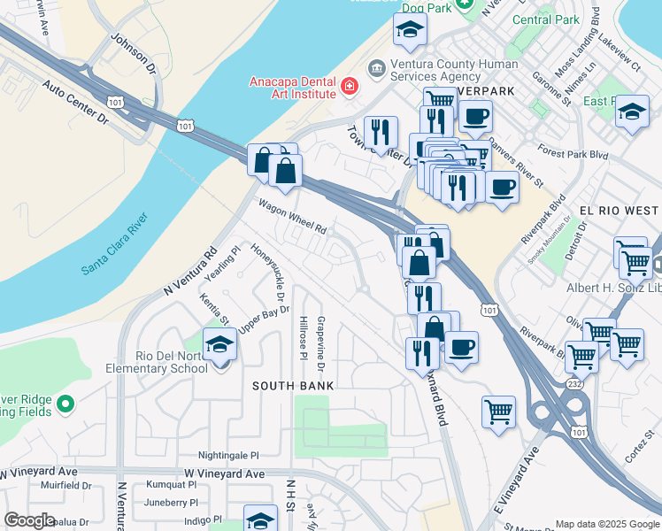 map of restaurants, bars, coffee shops, grocery stores, and more near 350 Cactus Drive in Oxnard