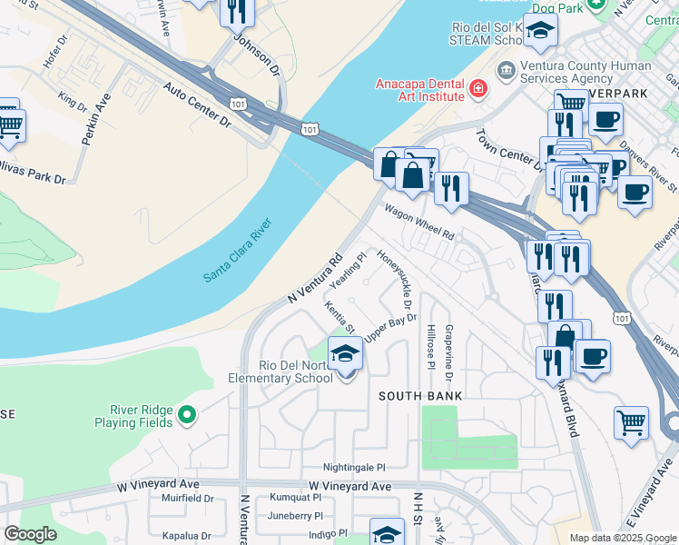 map of restaurants, bars, coffee shops, grocery stores, and more near 2735 Yearling Place in Oxnard