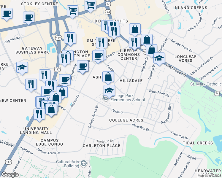 map of restaurants, bars, coffee shops, grocery stores, and more near 233 Racine Drive in Wilmington