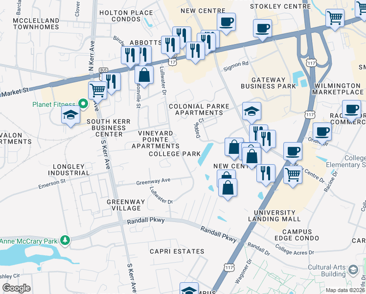 map of restaurants, bars, coffee shops, grocery stores, and more near 233 Lullwater Drive in Wilmington