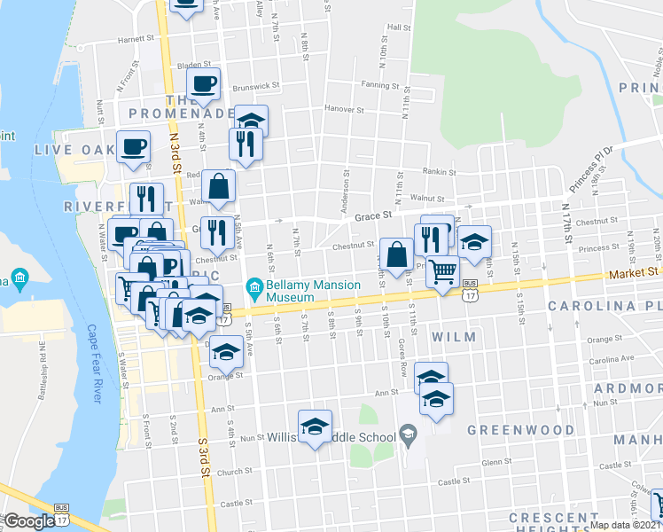 map of restaurants, bars, coffee shops, grocery stores, and more near 713 Princess Street in Wilmington