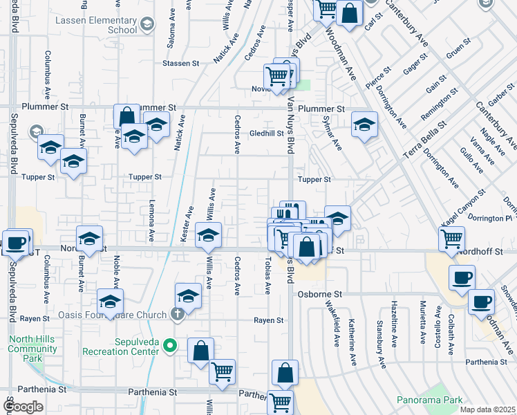 map of restaurants, bars, coffee shops, grocery stores, and more near 9213 Tobias Avenue in Los Angeles