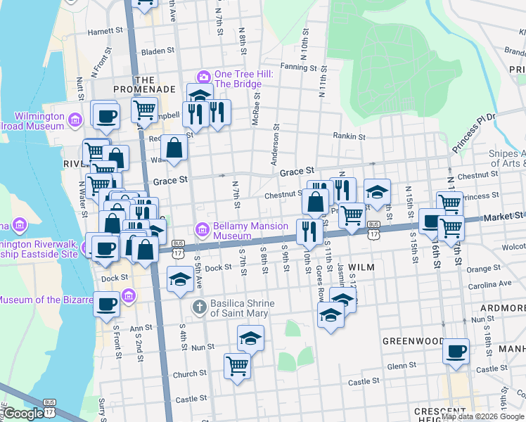 map of restaurants, bars, coffee shops, grocery stores, and more near 713 Princess Street in Wilmington