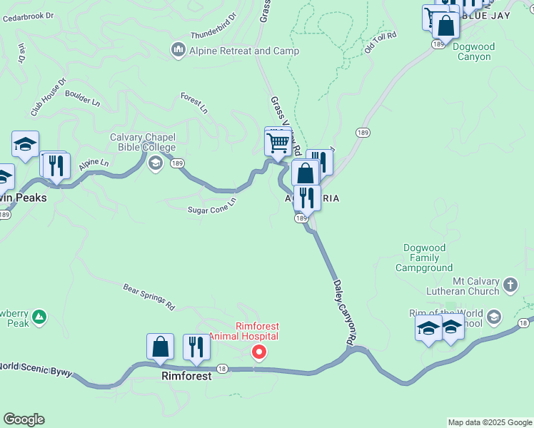 map of restaurants, bars, coffee shops, grocery stores, and more near 858 Sierra Vista Drive in Twin Peaks