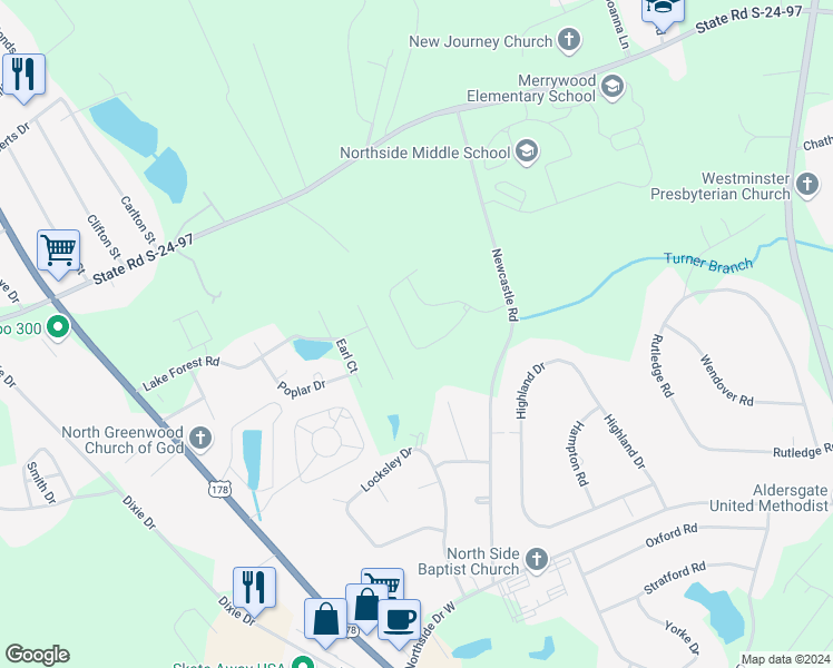 map of restaurants, bars, coffee shops, grocery stores, and more near 128 Kinkade Drive in Greenwood