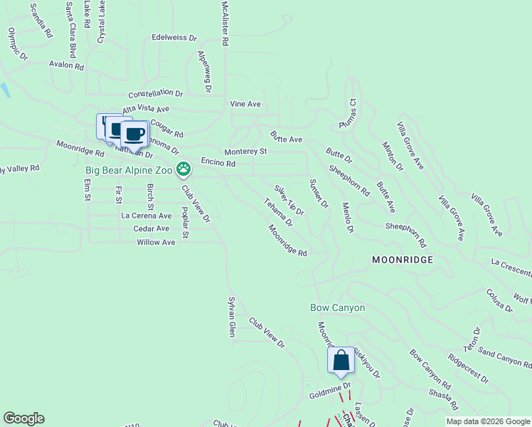 map of restaurants, bars, coffee shops, grocery stores, and more near 43028 Moonridge Road in Big Bear Lake