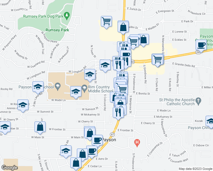 map of restaurants, bars, coffee shops, grocery stores, and more near 219 South Colcord Road in Payson