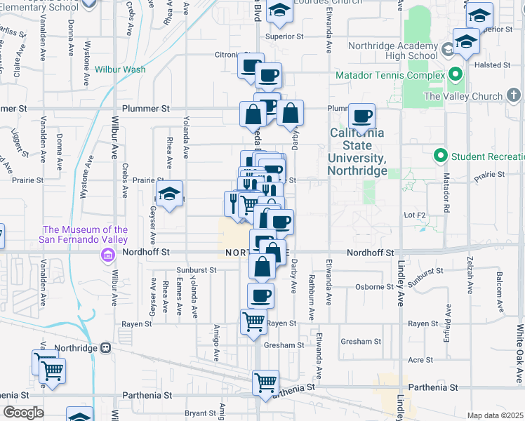 map of restaurants, bars, coffee shops, grocery stores, and more near 9218 Reseda Boulevard in Los Angeles