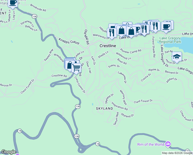 map of restaurants, bars, coffee shops, grocery stores, and more near 865 Fern Drive in Crestline