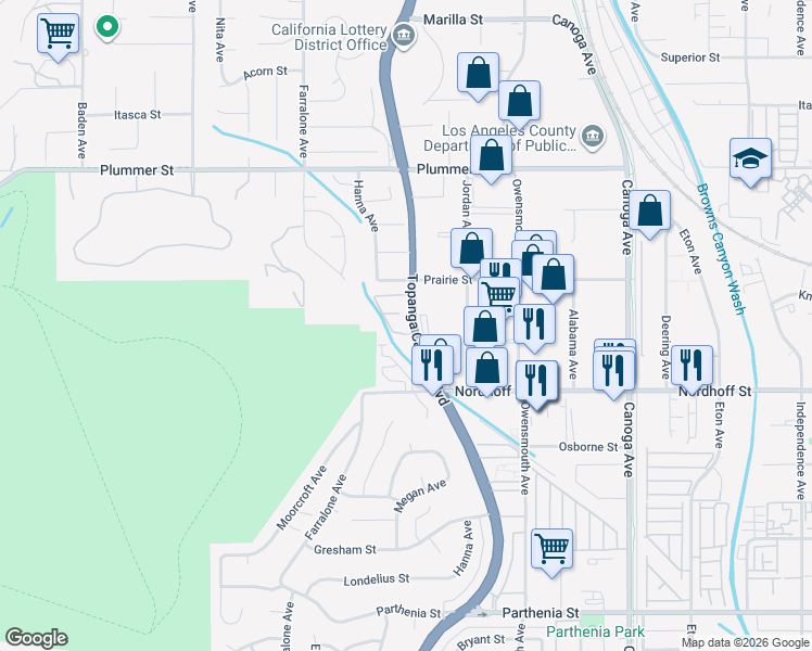 map of restaurants, bars, coffee shops, grocery stores, and more near 9225 Topanga Canyon Boulevard in Los Angeles