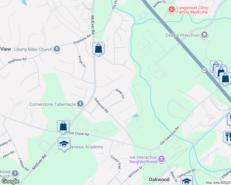 map of restaurants, bars, coffee shops, grocery stores, and more near 4150 Reed Cir in Oakwood